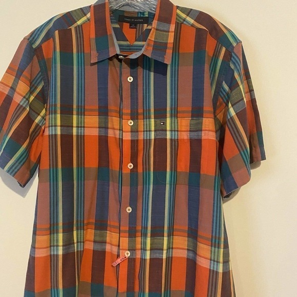 TOMMY Hilfiger Button Up Shirt Short Sleeve Orange Blue Plaid Checks Large - Picture 3 of 9